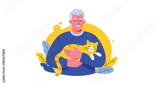 Happy elderly man with gray hair smiling warmly while holding and cuddling a cute ginger tabby cat, surrounded by leafy branches.