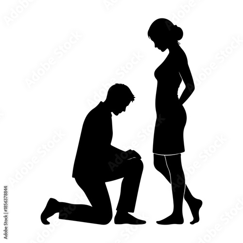 A man proposes to a woman on one knee in silhouette Vector
