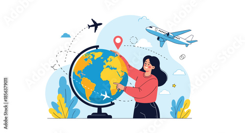 Young woman planning her next vacation by pointing at a destination on a large globe, with airplanes flying around representing travel.