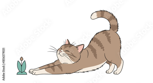 Cute brown tabby cat stretching happily with closed eyes after a nap, illustrated in a charming cartoon style next to a small plant.
