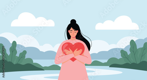 Serene woman with her eyes closed, lovingly hugging a large red heart to her chest, standing in a peaceful natural landscape.