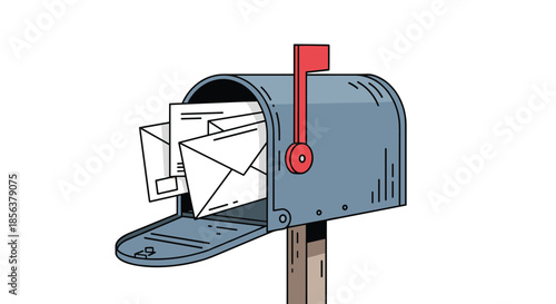 Classic blue American-style mailbox on a wooden post, overflowing with white envelopes and letters, with the red signal flag raised.