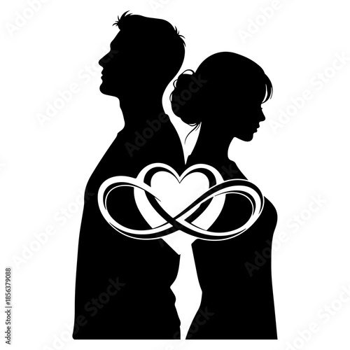 Silhouette couple with an infinity heart symbol representing eternal love Vector