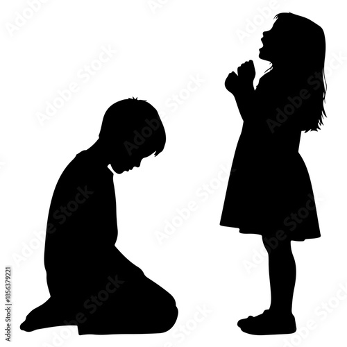 Silhouette of two children praying or meditating on a white background Vector