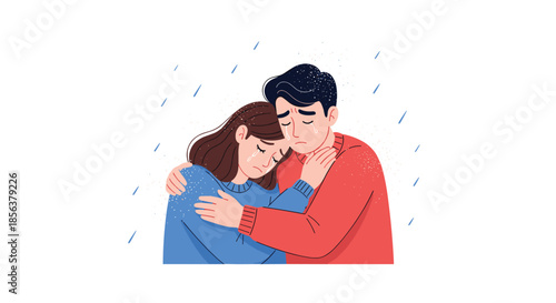 Compassionate man hugging and comforting a sad, crying woman under falling rain, showing support, empathy, and care during a difficult time.