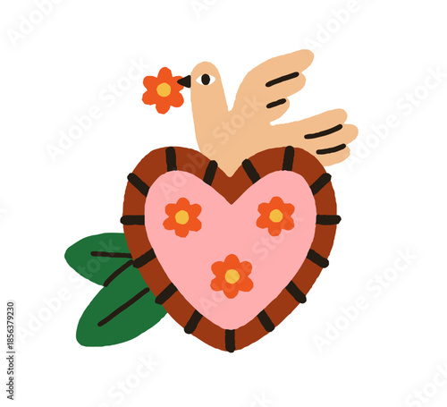 Mexican heart with dove and flower. Cute corazon design with cute bird, leaf,...