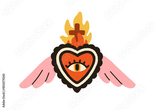 Mexican heart, love symbol with wings, burning fire flame, crown and religious cross. Mexico corazon with watching eye, sacred valentine. Flat vector illustration isolated on white background