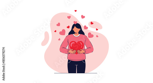 Happy young woman in a pink sweater holding a large red heart, surrounded by smaller floating hearts, symbolizing love and self-care.