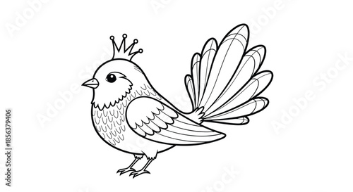 Black and white line art coloring page of a cute fantasy bird with a little crown and a large, magnificent feathered tail.