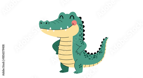 Happy and confident green alligator character standing with his hands on his hips, smiling broadly in a cute cartoon illustration.