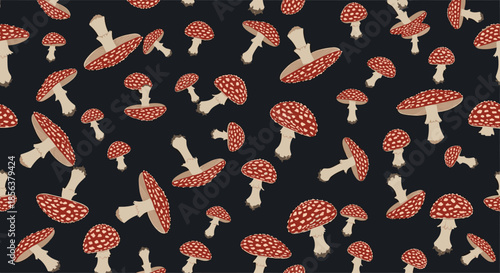 Seamless repeating pattern of red and white amanita mushrooms, also known as fly agaric, scattered on a dark gray background.