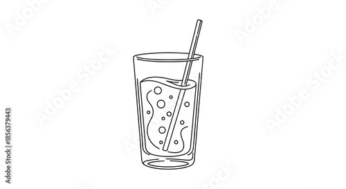 Line art illustration of a glass filled with melon soda, featuring bubbles and a straw, isolated on a clean white background