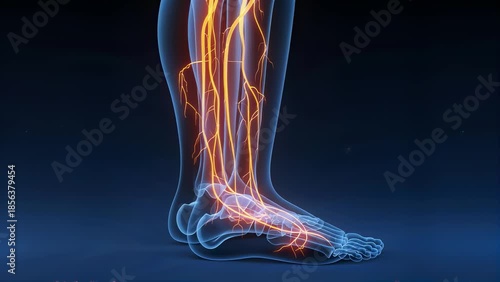 Human Anatomy Legs with glowing orange varicose veins , x-ray 3d Medical illustration, blue background