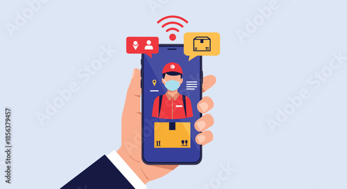 Hand holding a smartphone with a delivery service app, showing a courier in a mask and package tracking icons for online shopping.