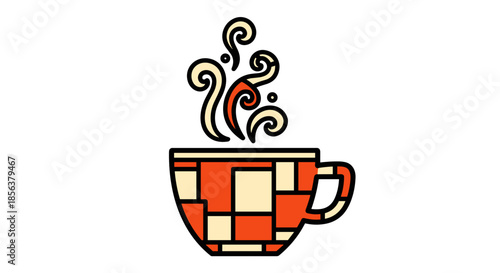 Illustration of a steaming rooibos tea cup with a colorful geometric pattern, isolated on a clean white background, showcasing warmth and simplicity