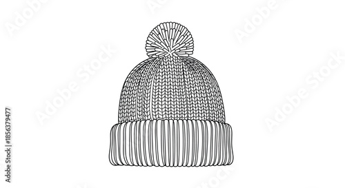 Detailed black and white line art drawing of a cozy, knitted winter beanie hat with a folded brim and a fluffy pom-pom on top.