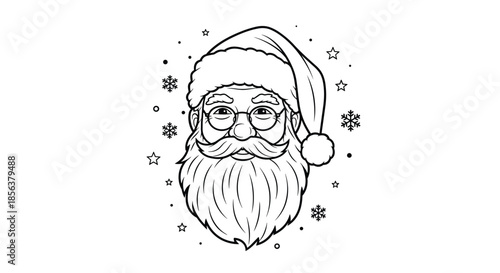 Black and white line art portrait of a kind and jolly Santa Claus with a beard, glasses, and hat, surrounded by stars and snowflakes.