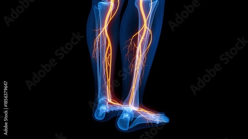 Human Anatomy Legs with glowing orange varicose veins , x-ray 3d Medical illustration, black background