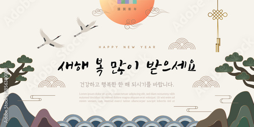 The Lunar New year banner with . Vector illustration (Korean Translation: Happy New Year. I hope you have a healthy and happy year.)	
