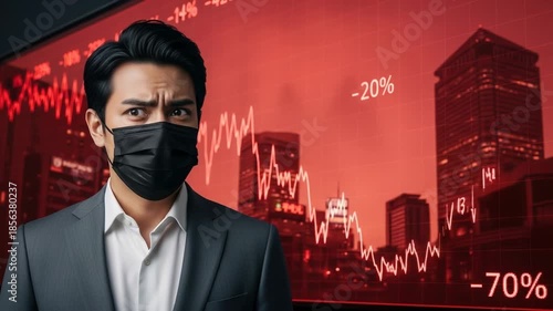 Businessman wearing mask with financial charts.