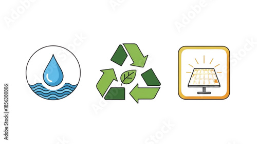 Illustrative vector icons depicting environmental sustainability, renewable energy, and water conservation