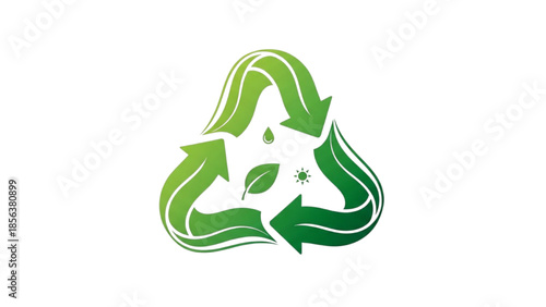 Green Recycling Symbol with Leaf, Water Droplet, and Insect Icons