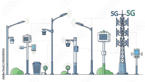 Smart City 5G Network Infrastructure with Sensors and Lights Vector