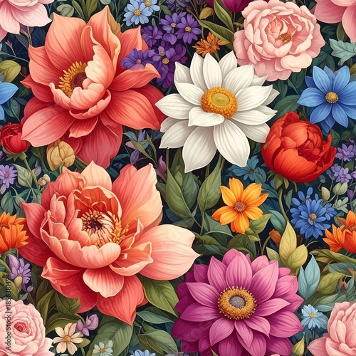 Wallpaper Mural A vibrant, colorful floral arrangement in a seamless pattern Torontodigital.ca