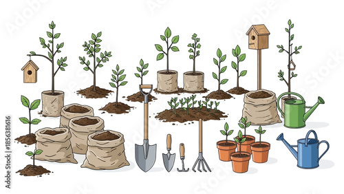 Gardening Tools and Sapling Planting Vector Illustration Set