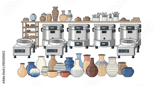 Pottery Workshop Kiln and Ceramic Vessel Vector Set