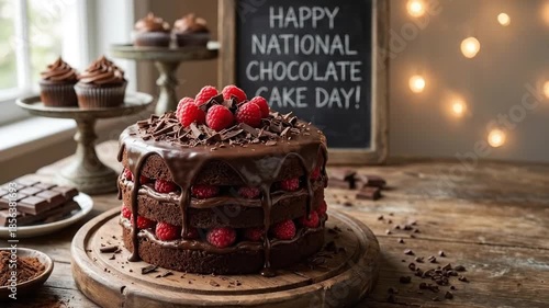 A luscious, multi-layered chocolate cake takes center stage, generously coated with glistening chocolate ganache dripping down its sides. Fresh, vibrant raspberries and delicate chocolate shavings cro