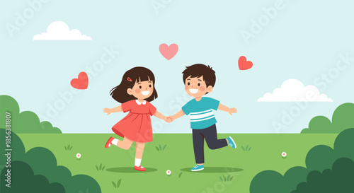 Happy boy and girl holding hands and dancing playfully in a sunny park surrounded by green bushes and floating red hearts.
