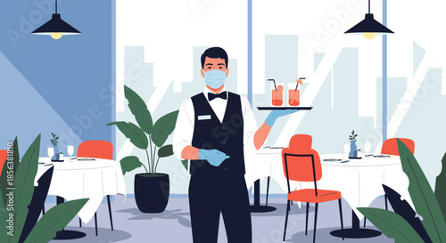 Professional waiter wearing a protective face mask and gloves serves refreshing drinks on a tray in a modern restaurant setting.
