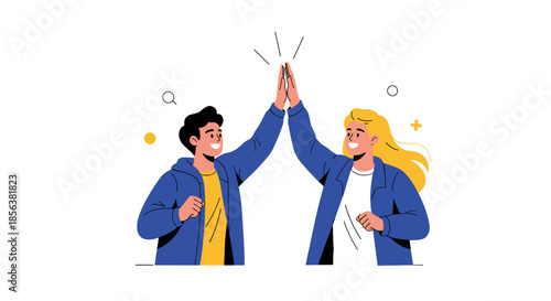Happy man and woman giving each other a high five to celebrate a success or achievement in a simple flat illustration style.