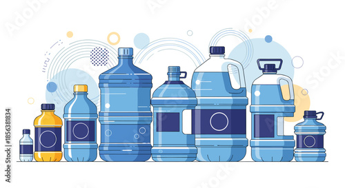 Set of various plastic water bottles and large containers in different sizes and shapes for storage and hydration needs.