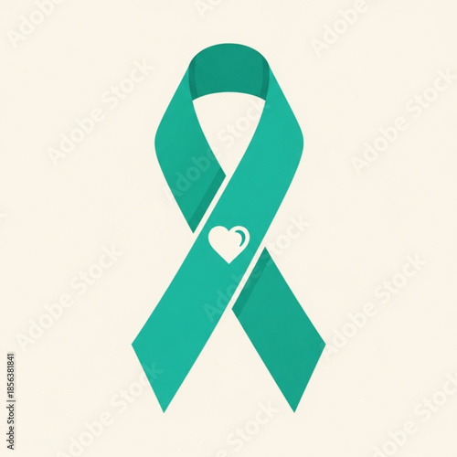 Teal awareness ribbon with heart symbol representing support and hope for various causes isolated on a light background