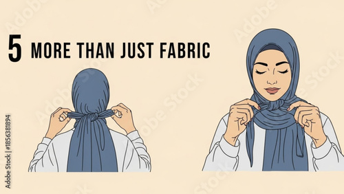 Woman demonstrating how to tie a hijab scarf step-by-step illustration for fashion and modest wear showing a stylish knot