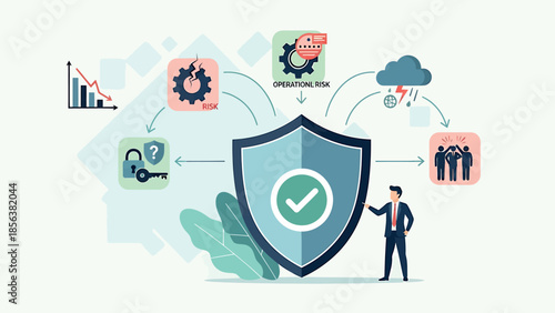 Shield Protection Icon with Businessman in Modern Flat Design Soft Blue Colors on White Background for Cybersecurity