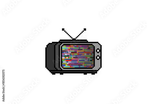 A pixel art illustration of a retro television. The vintage TV set shows a colorful, glitched static screen, representing a 'no signal' message.