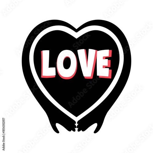 Hands hugging black heart with love text vector illustration. Minimalist love symbol with embracing hands
