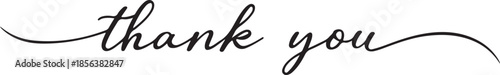 Black cursive script spelling "thank you" with flowing decorative flourishes on a white background