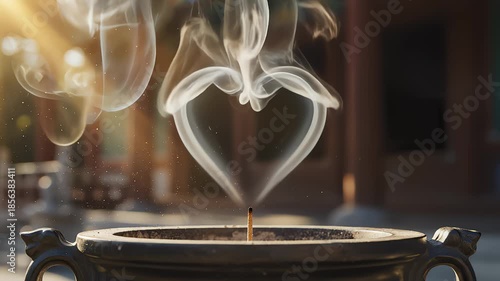 Incense Stick Burning and Releasing Smoke Heart Shape in Slow Motion