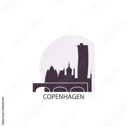 Copenhagen logo, clip art with cityscape, skyline, panorama, skyscrapers. Vector flat isolated illustration. Denmark city image with landmarks and buildings