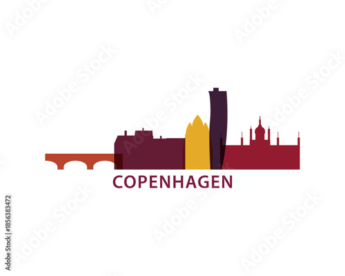 Copenhagen logo, clip art with cityscape, skyline, panorama, skyscrapers. Vector flat isolated illustration. Denmark city image with landmarks and buildings