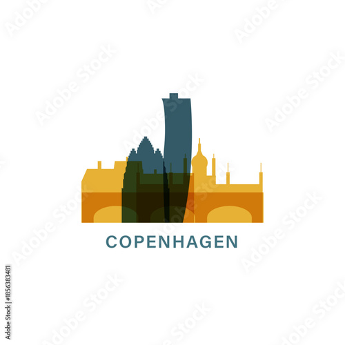 Copenhagen logo, clip art with cityscape, skyline, panorama, skyscrapers. Vector flat isolated illustration. Denmark city image with landmarks and buildings