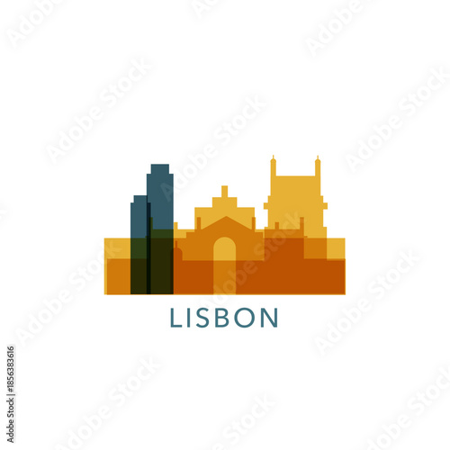 Lisbon logo, clip art with cityscape, skyline, panorama, skyscrapers. Vector flat isolated illustration. Portugal city image with landmarks and buildings