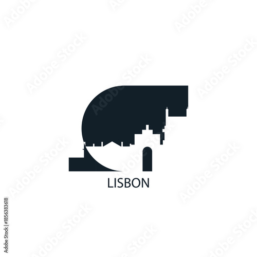 Lisbon logo, clip art with cityscape, skyline, panorama, skyscrapers. Vector flat isolated illustration. Portugal city image with landmarks and buildings