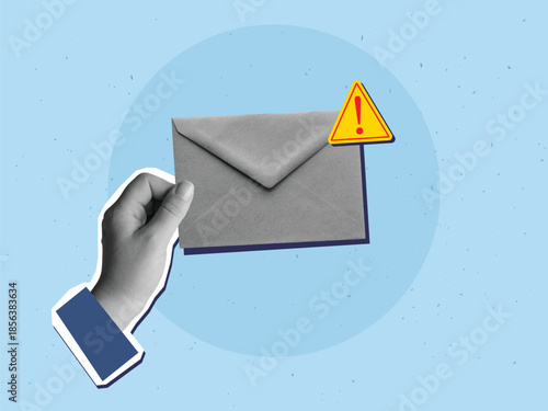 Blank and white hand holding an envelope with a warning notice. Modern collage style. Vector illustration