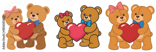 Adorable cartoon teddy bears holding hearts isolated on transparent background