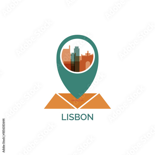 Lisbon icon of map pin pointer, geolocation, skyline shape. Vector logo, isolated clip art. Portugal web symbol with landmarks and buildings